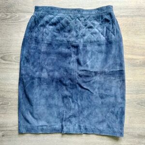 VTG Designer Louis Feraud Suede Leather Navy Pencil Skirt US Size 4 Fully Lined